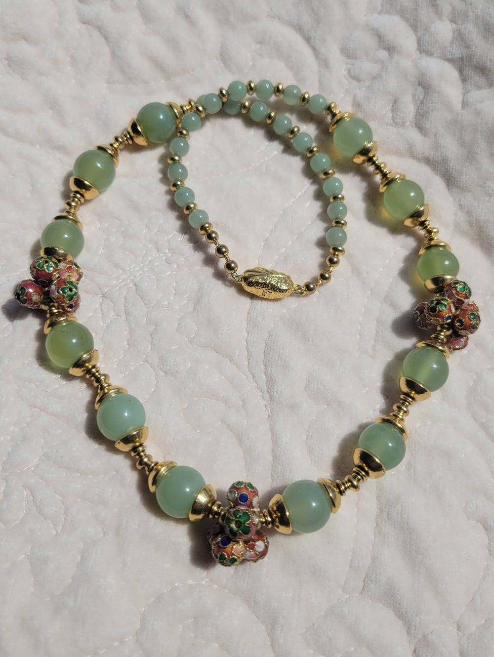 Gold-Tone Green Bead Necklace with Cloisonné Accent Beads